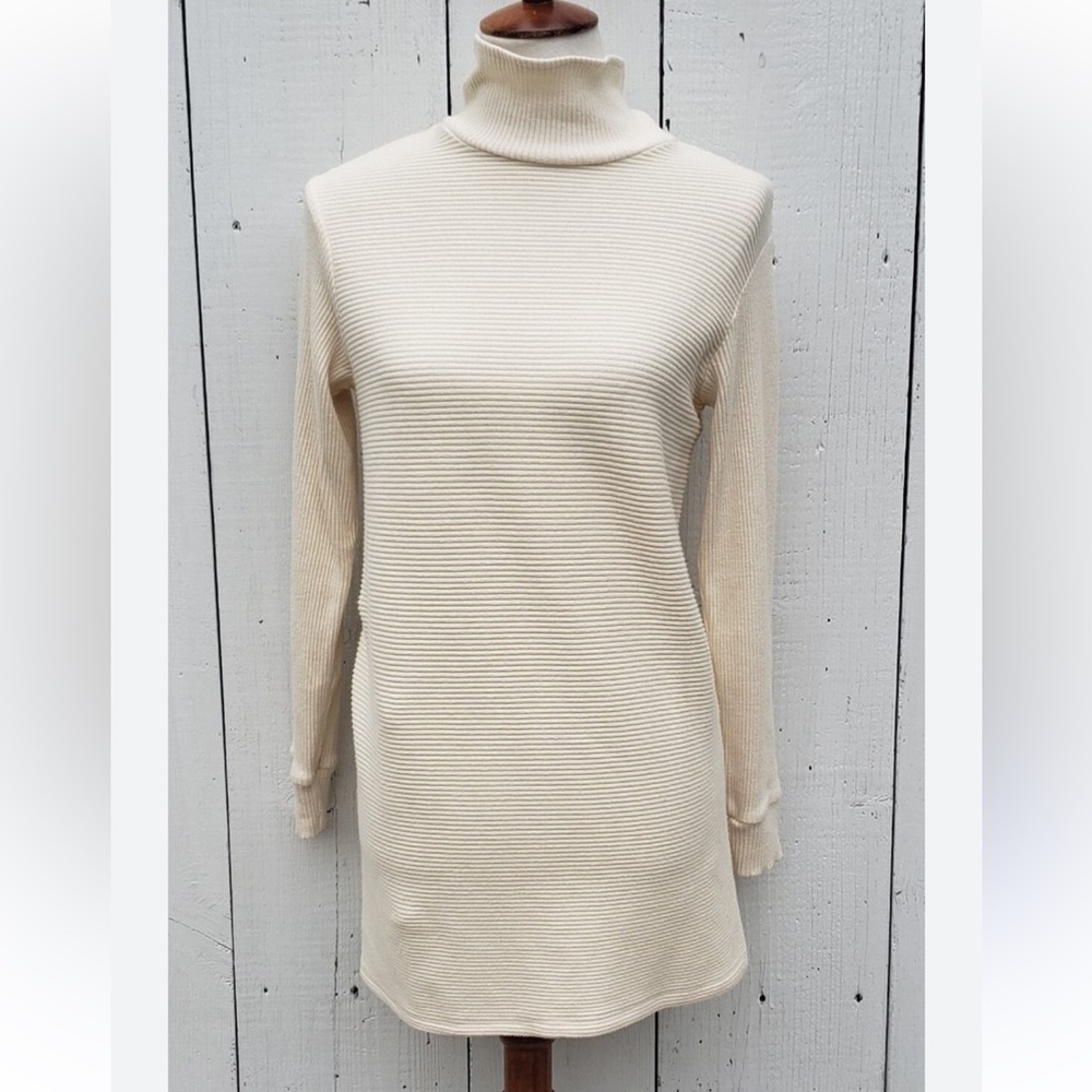 MONROW Women's Crème Cotton Funnel Neck Long Sleeve Long Dress Shirt Size L